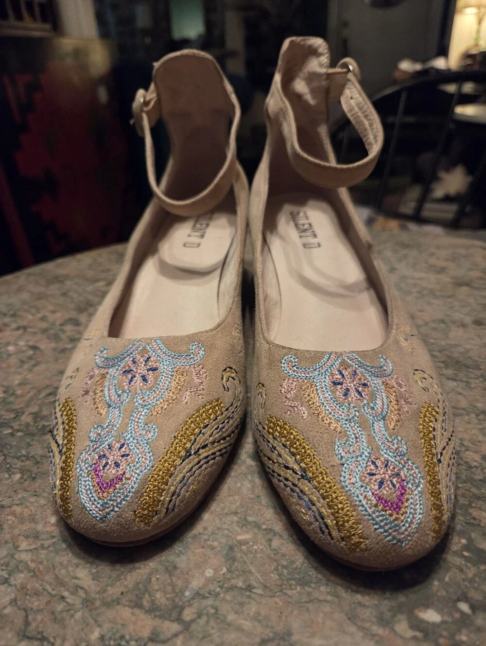Silent D Women’s Embroidered Ankle-Strap Low Heels - Pale Pink